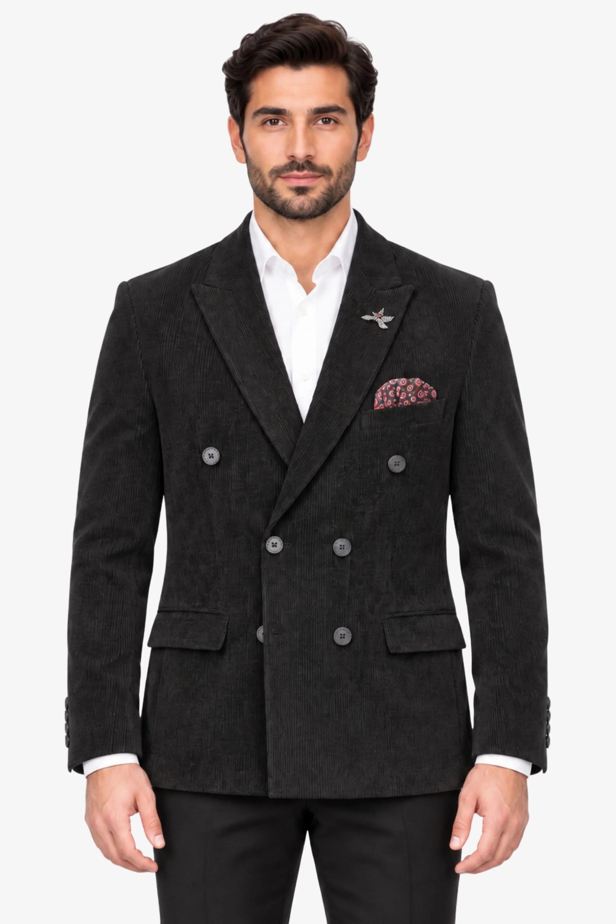 Black Double-Breasted Corduroy Coat-Global Republic