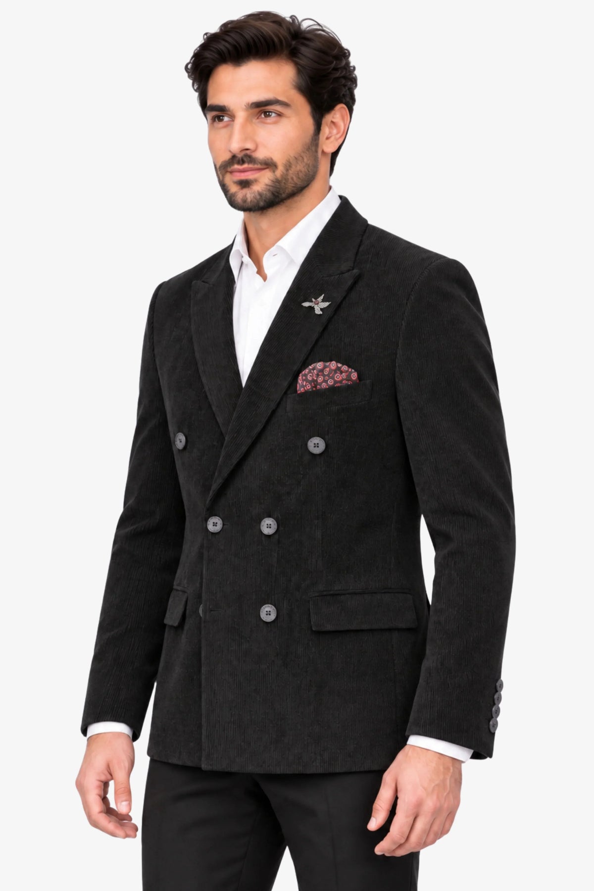 Black Double-Breasted Corduroy Coat-Global Republic