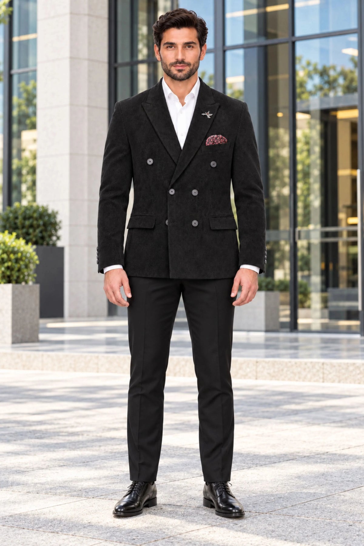 Black Double-Breasted Corduroy Coat-Global Republic