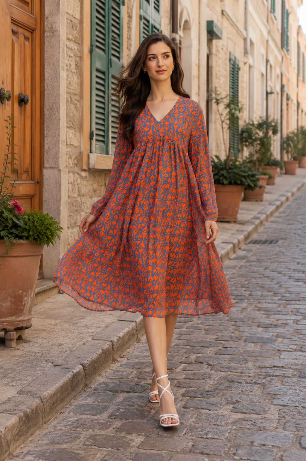 Teal & Orange Georgette Fit & Flare Dress