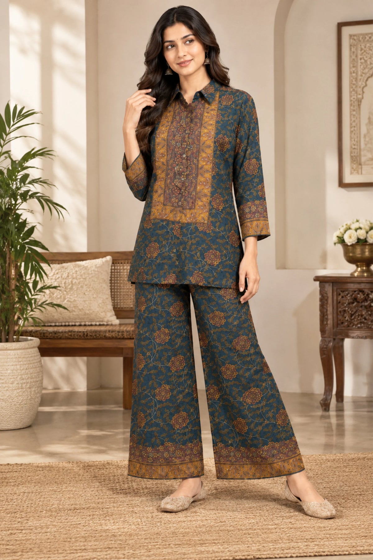 Navy Blue Floral Printed Modal Crepe Co-ord Set-Global Republic