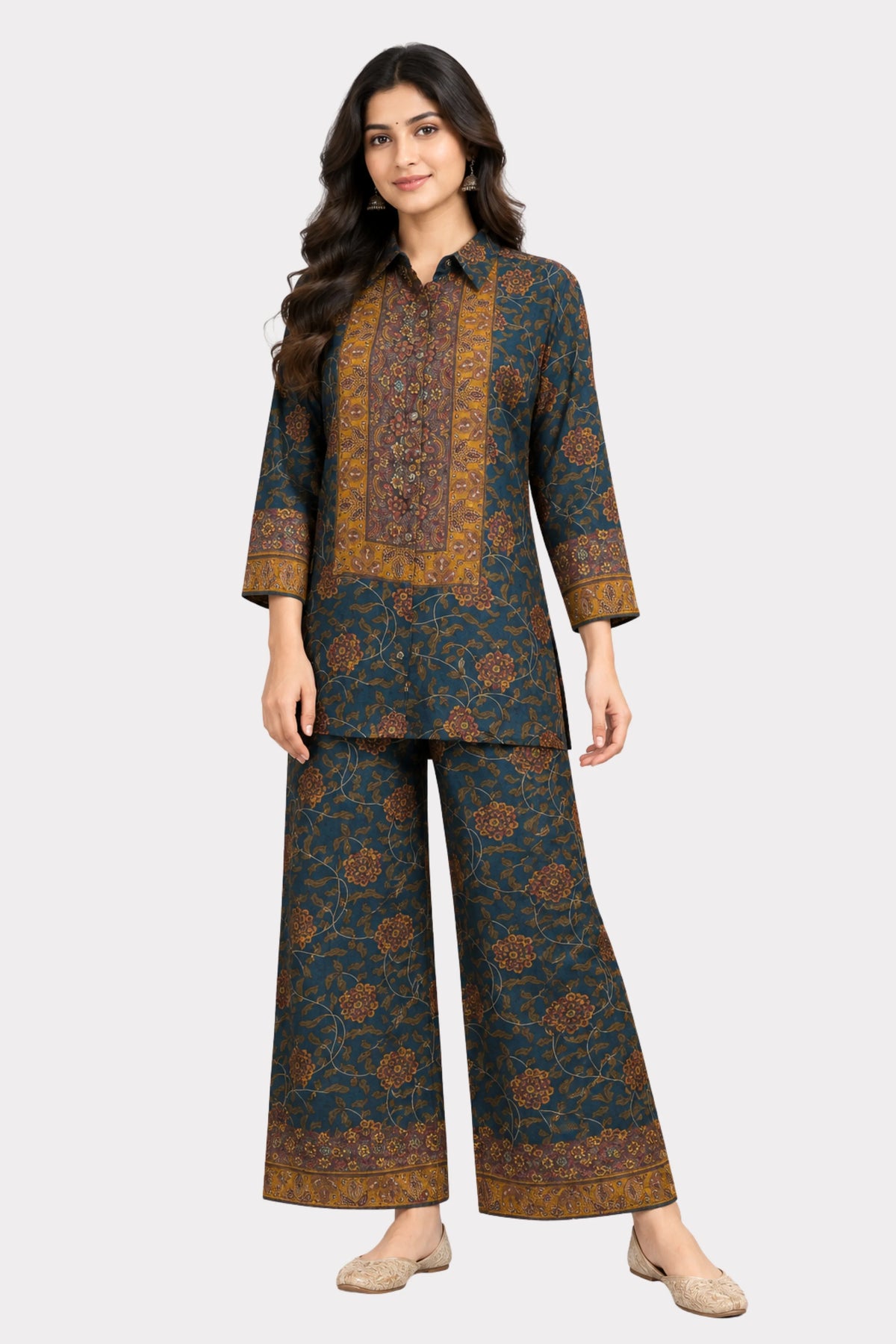 Navy Blue Floral Printed Modal Crepe Co-ord Set-Global Republic