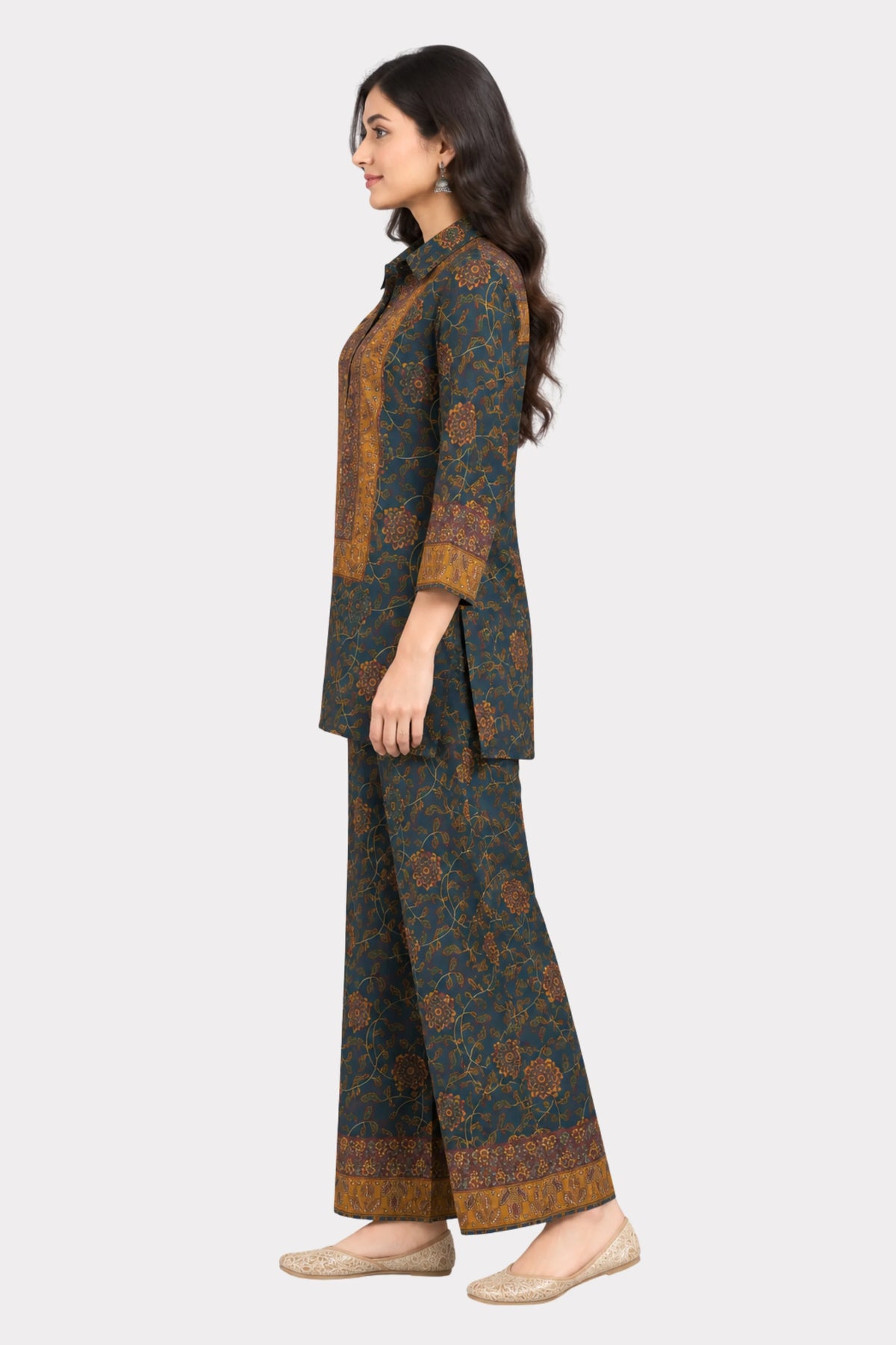 Navy Blue Floral Printed Modal Crepe Co-ord Set-Global Republic