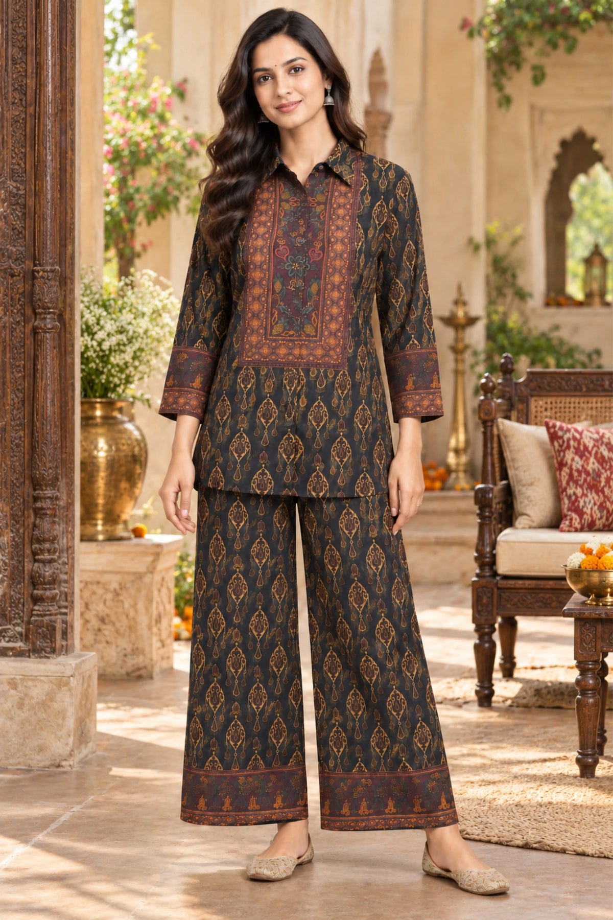 Black Ethnic Printed Modal Crepe Co-ord Set-Global Republic