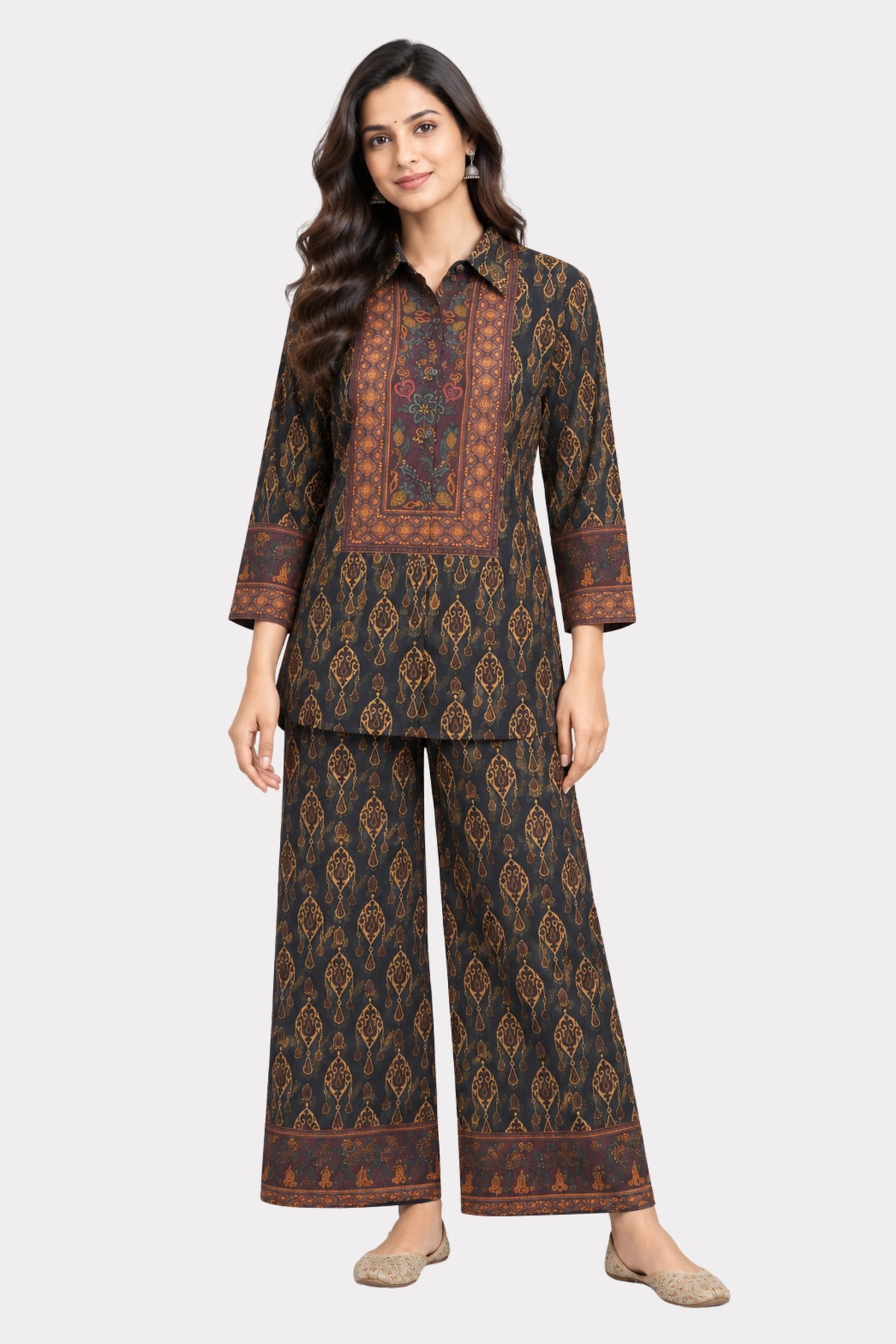 Black Ethnic Printed Modal Crepe Co-ord Set-Global Republic