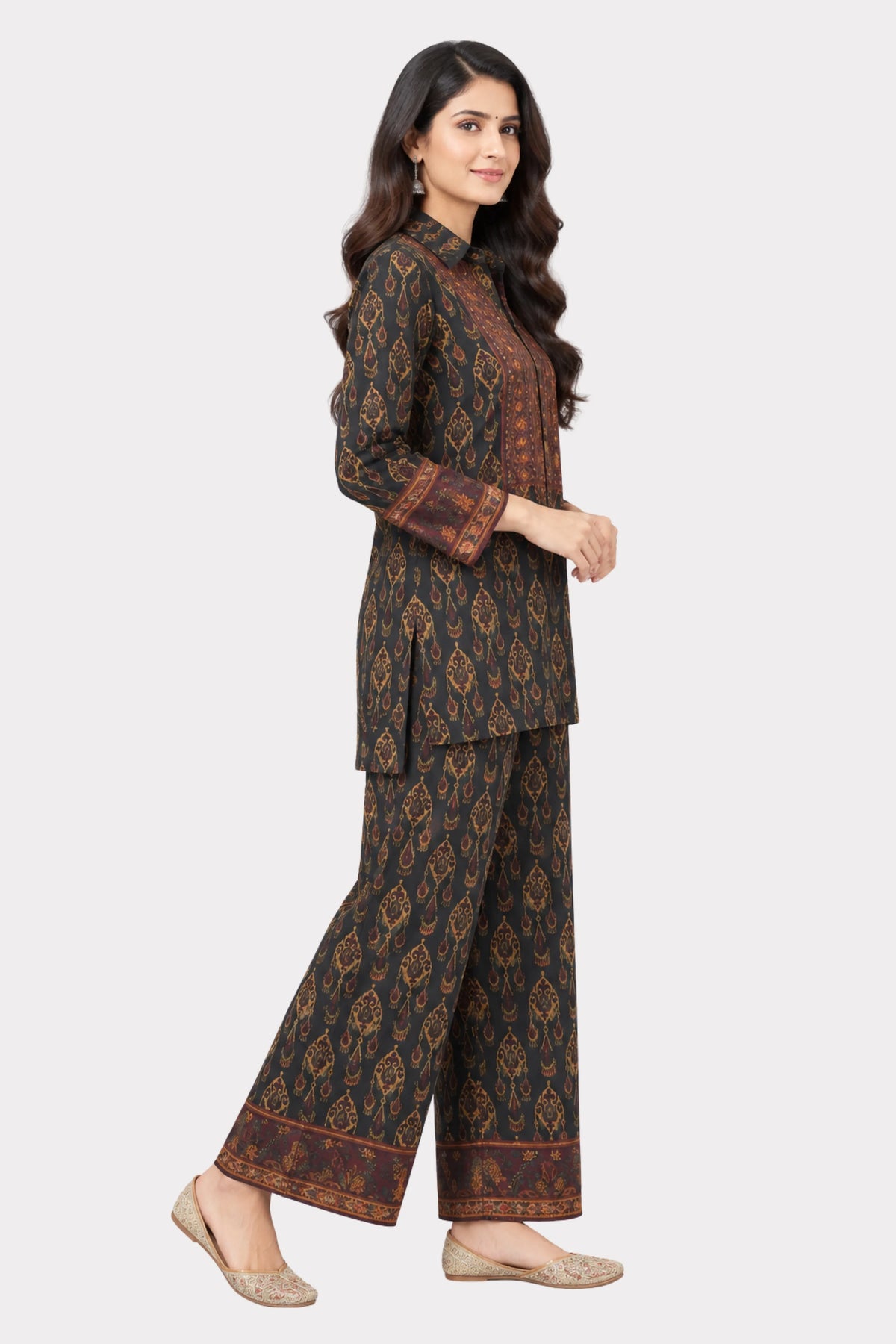 Black Ethnic Printed Modal Crepe Co-ord Set-Global Republic