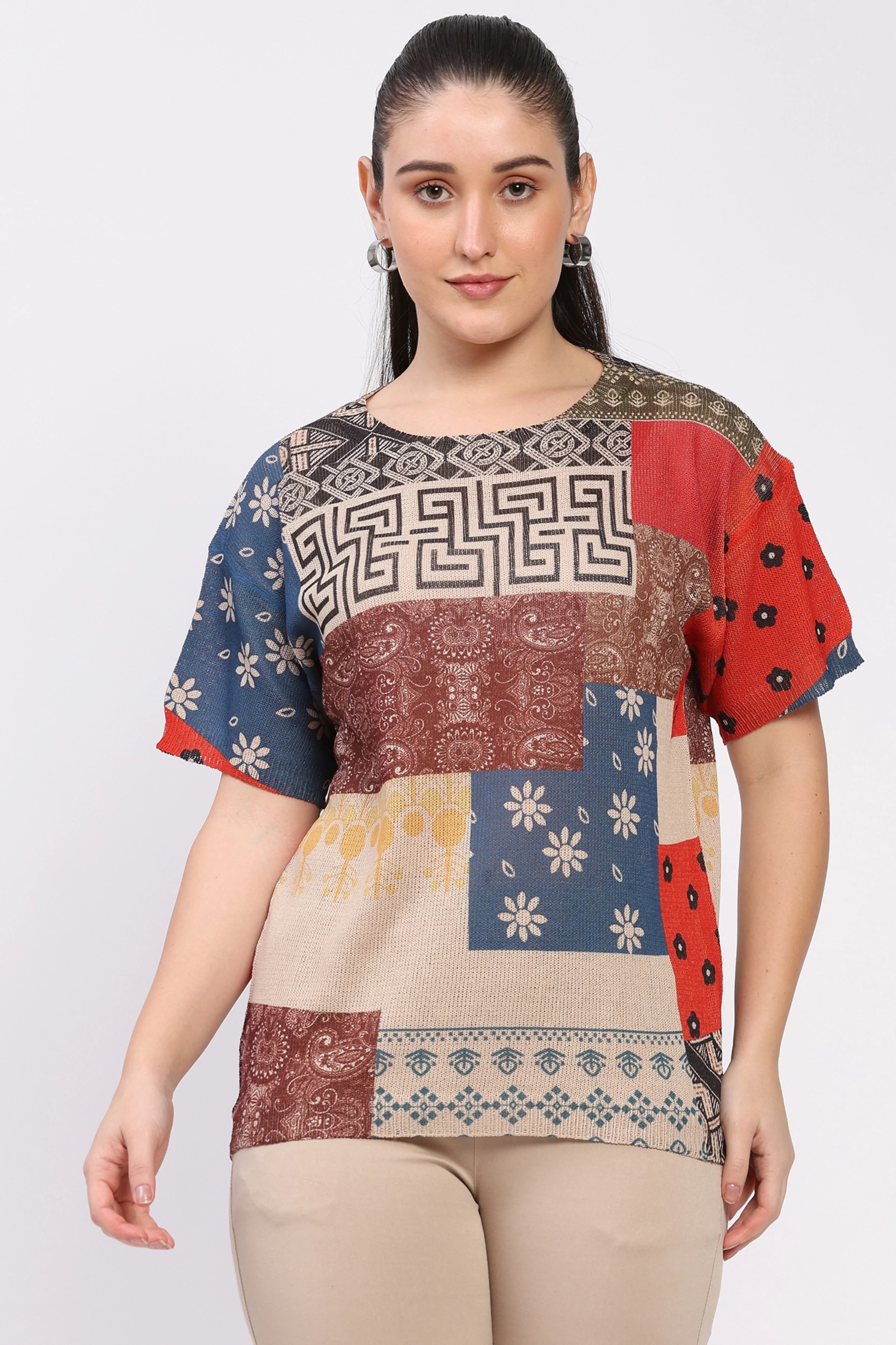Patchwork Print Knit Top-Global Republic