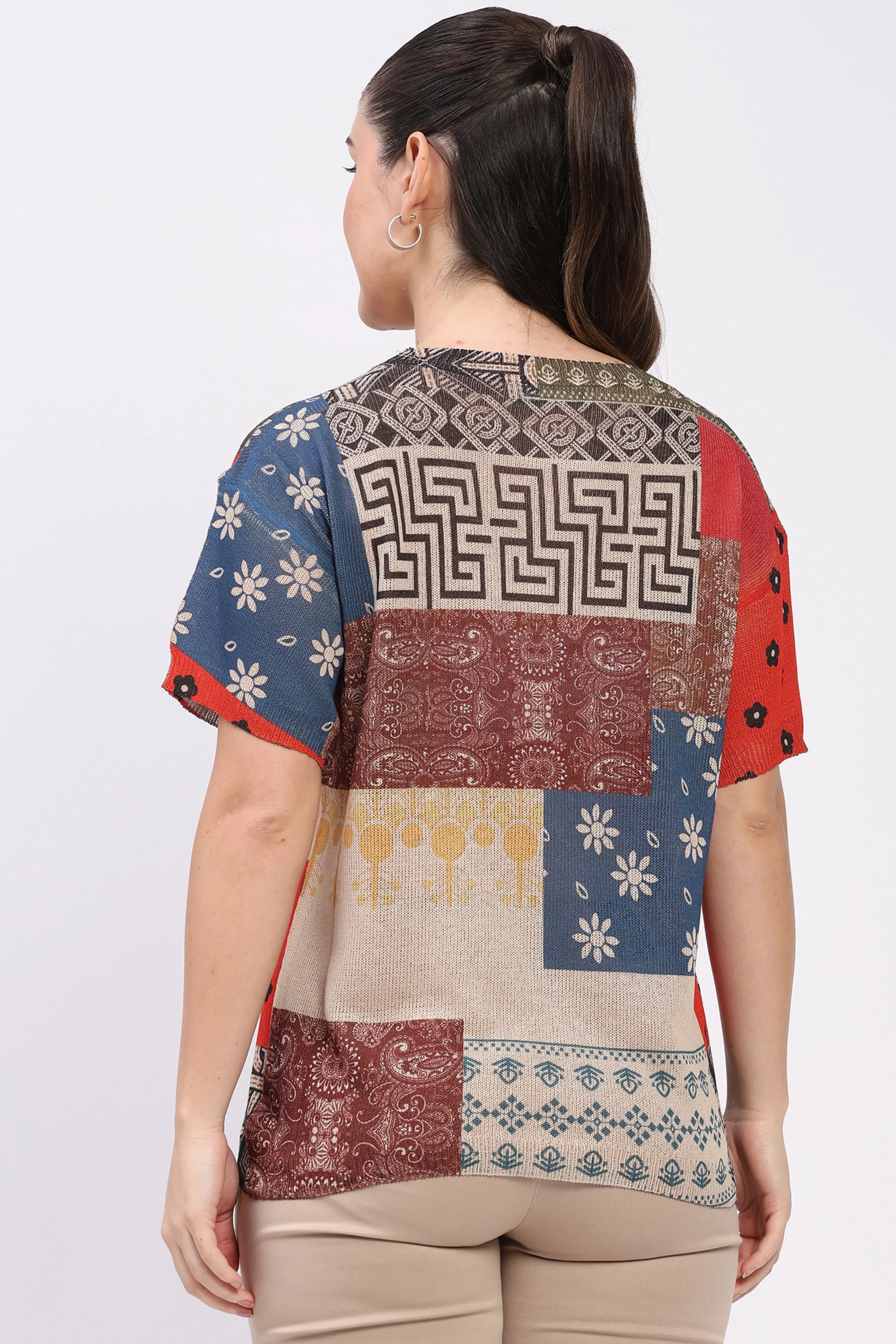 Patchwork Print Knit Top-Global Republic