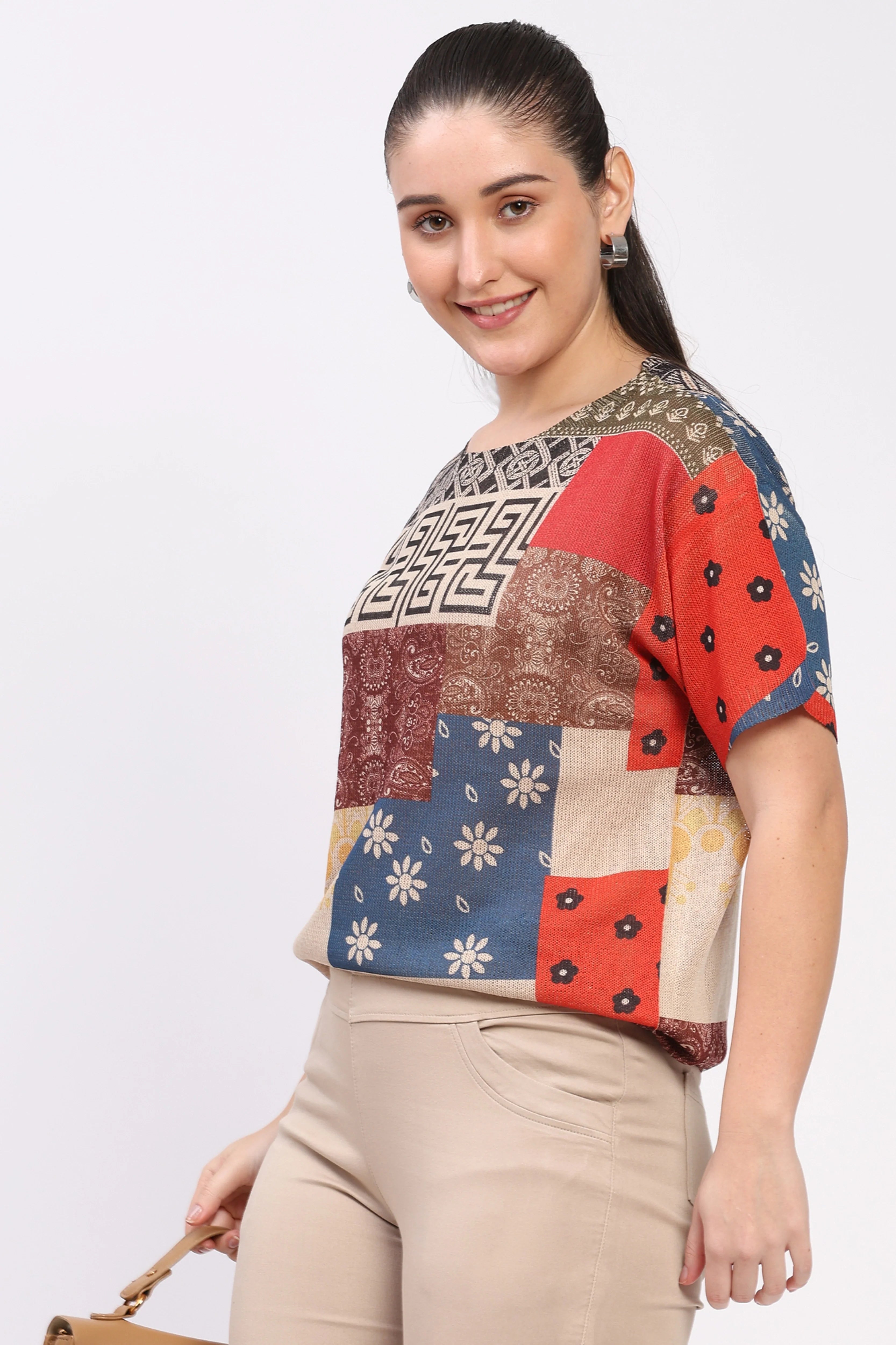 Patchwork Print Knit Top-Global Republic