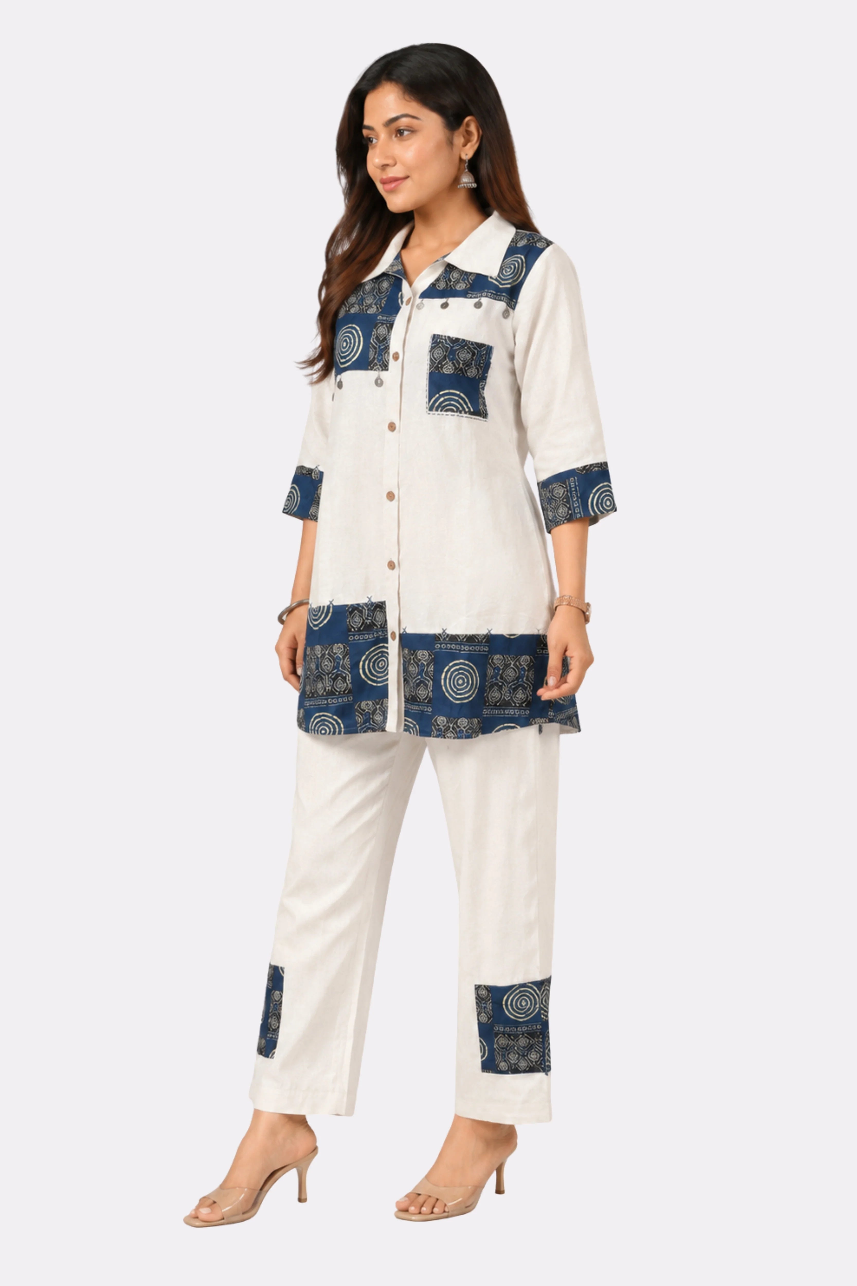 White Printed Cotton Ethnic Co-ord Set-Global Republic