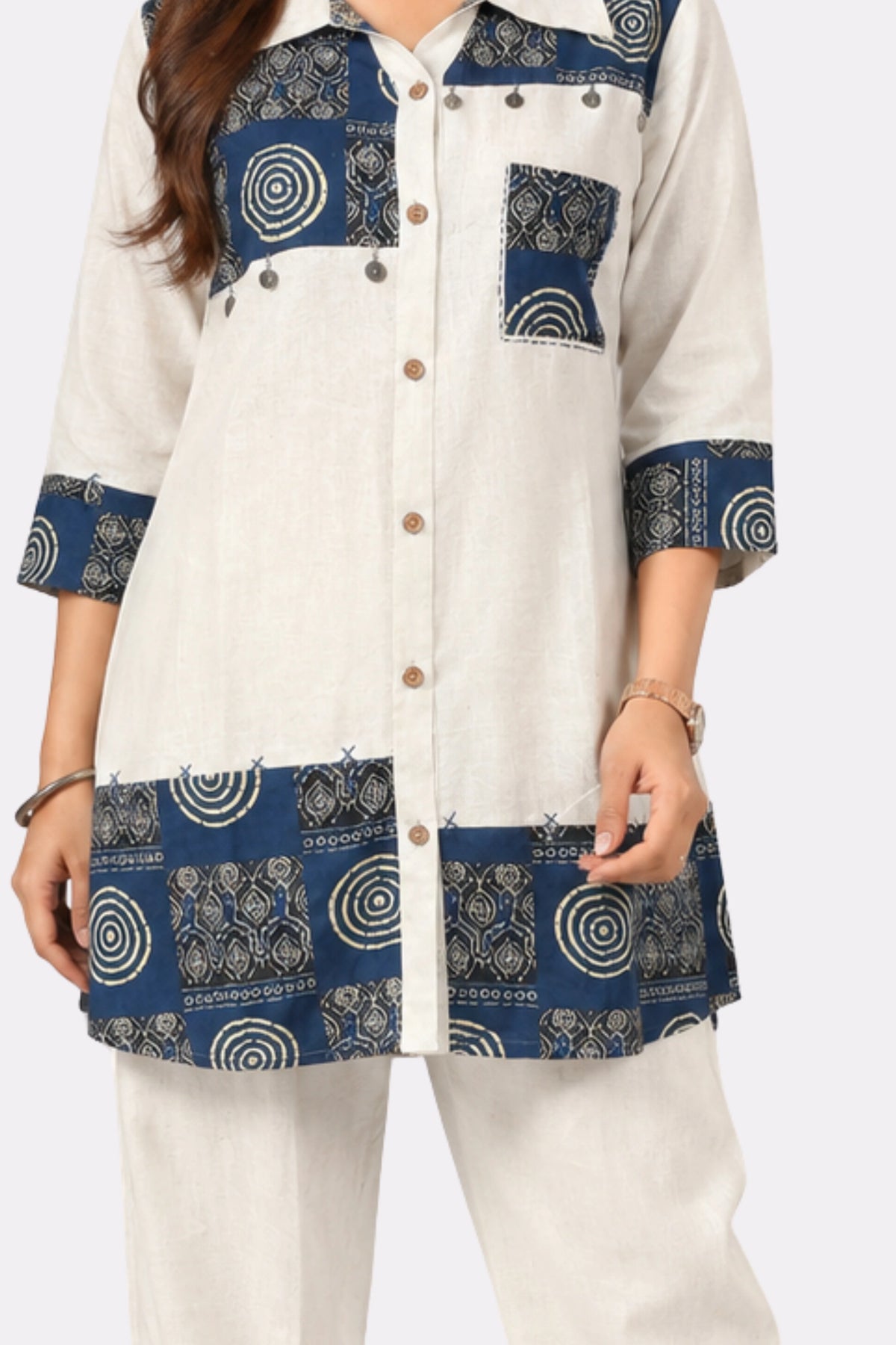 White Printed Cotton Ethnic Co-ord Set-Global Republic