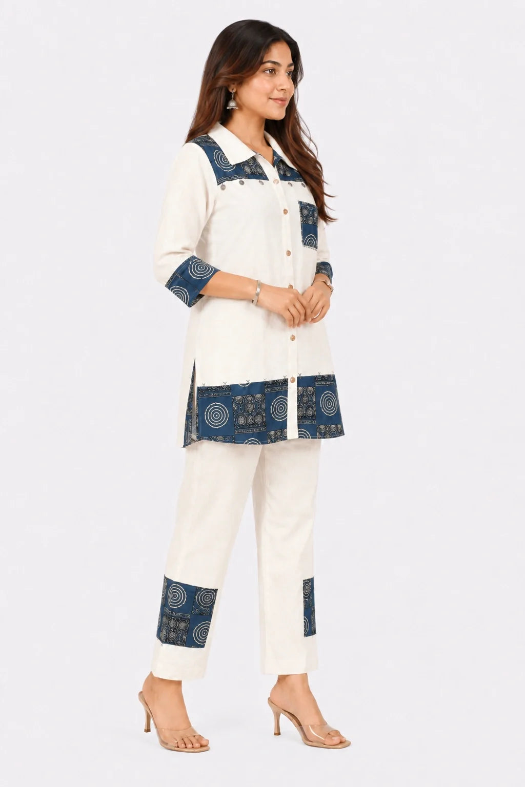 White Printed Cotton Ethnic Co-ord Set-Global Republic