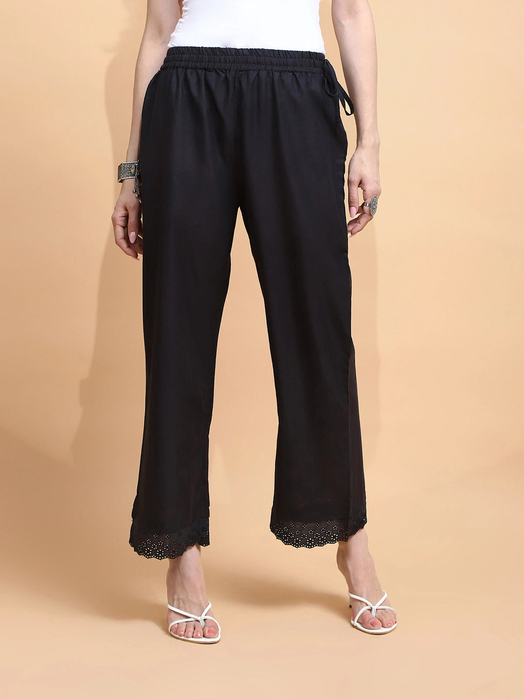 Black Cotton Loose Fit Palazzo For Women