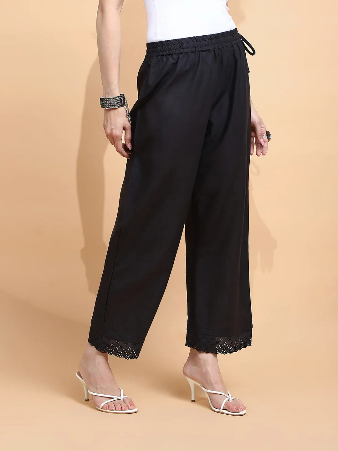 Black Cotton Loose Fit Palazzo For Women