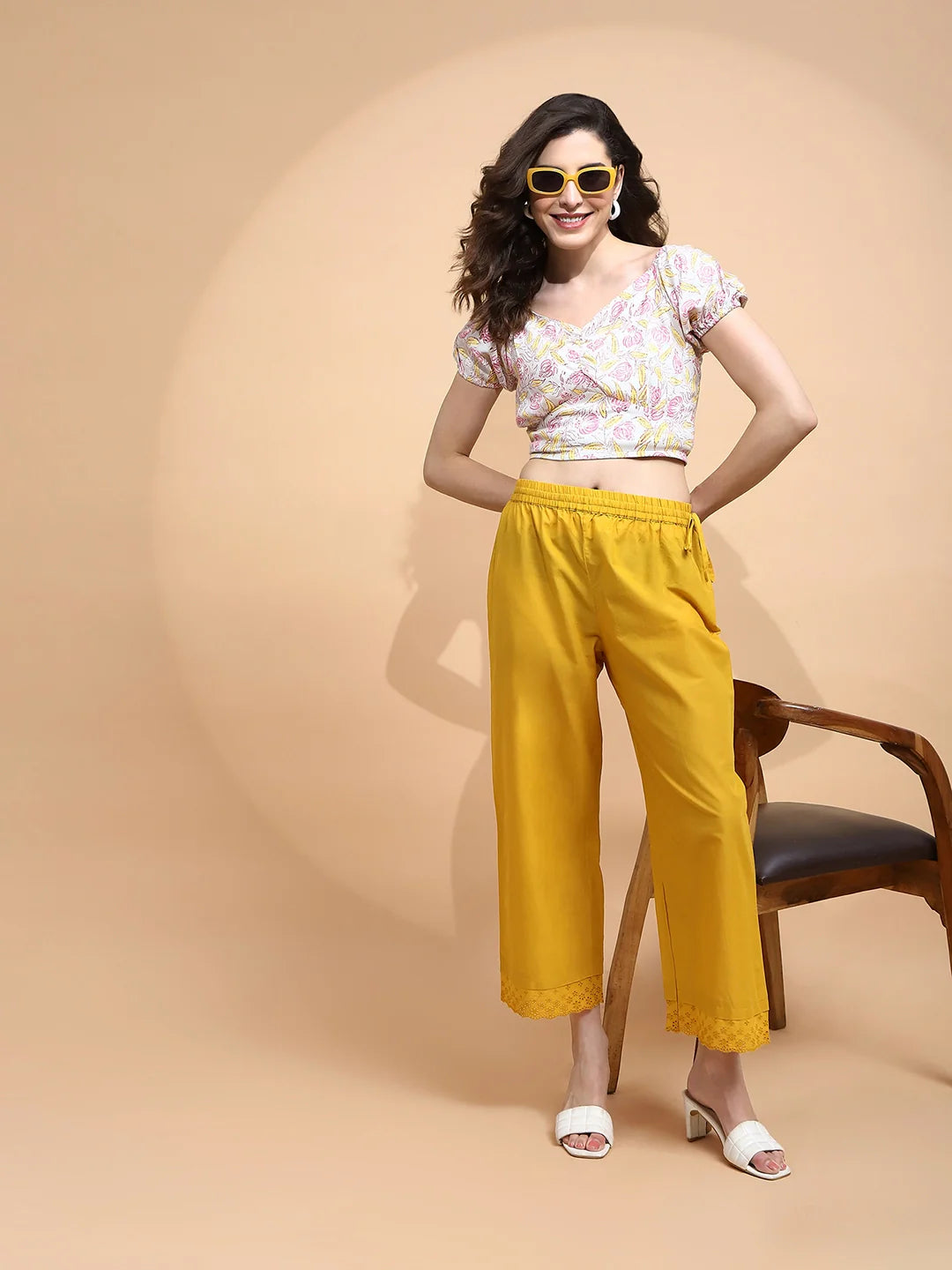 Mustard Cotton Loose Fit Palazzo - Global Republic