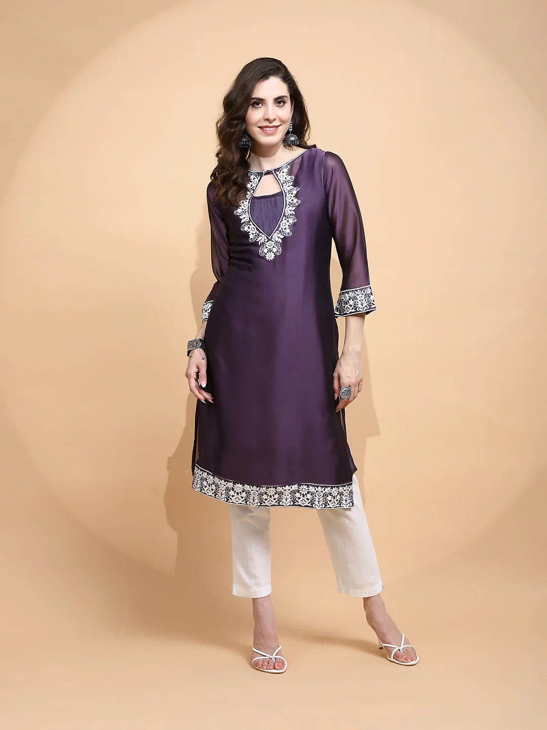 Purple Polyester Blend Regular Fit Kurta For Women