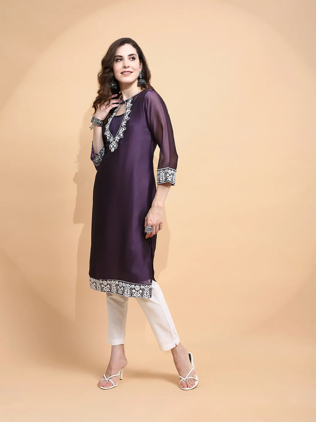 Purple Polyester Blend Regular Fit Kurta For Women