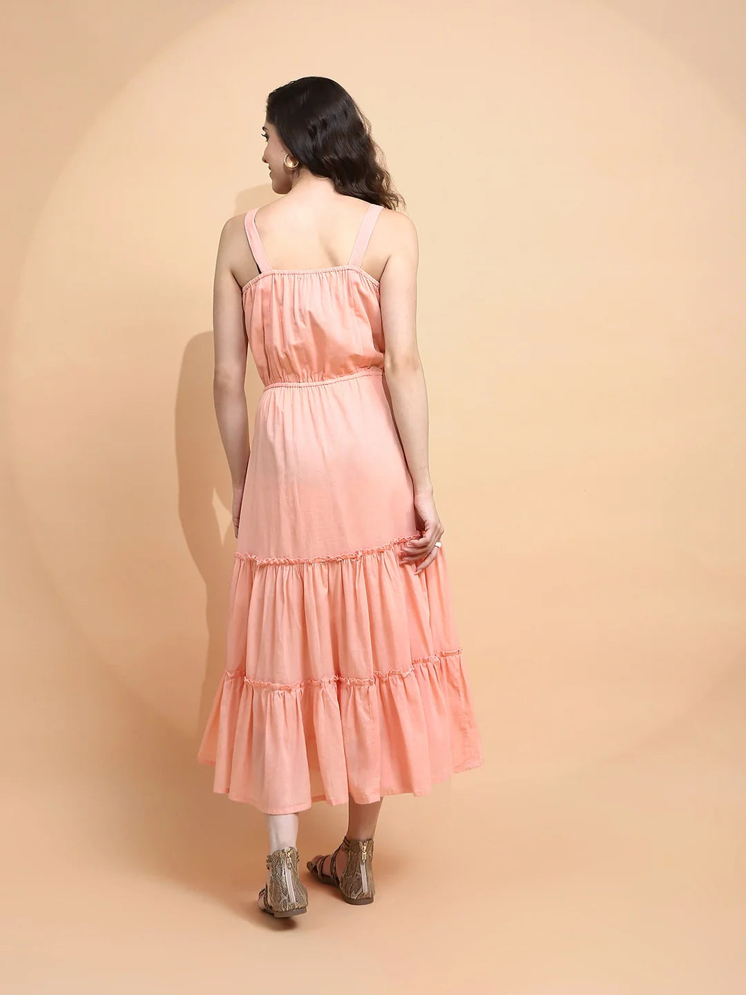 Peach Cotton Regular Fit Dress - Global Republic