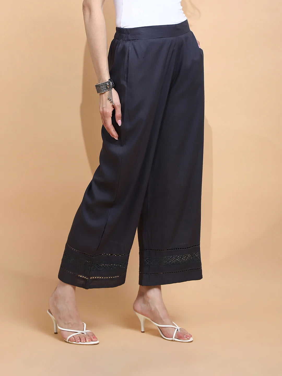 Grey Rayon Blend Loose Fit Palazzo - Global Republic