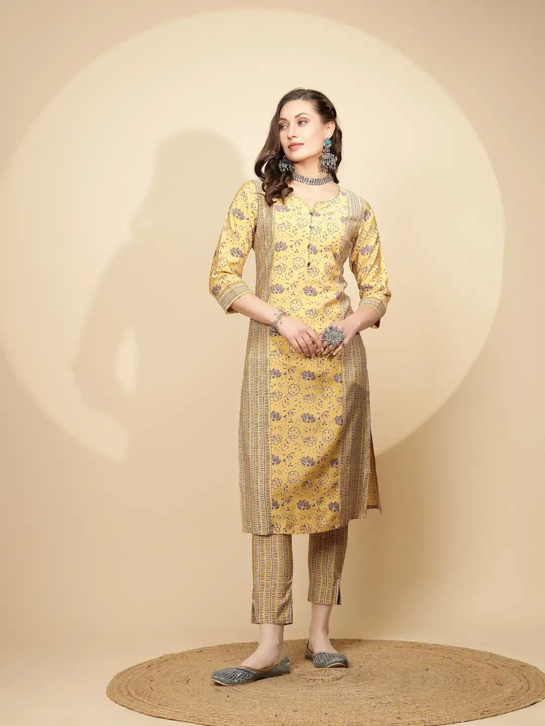 Yellow Cotton Regular Fit Suit Set For Women