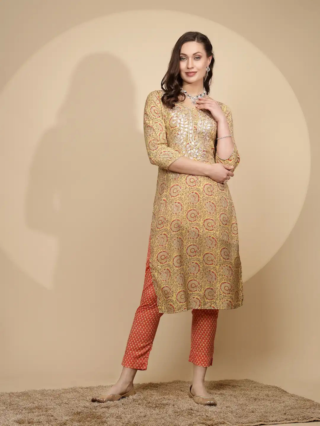 Yellow Cotton Blend Regular Fit Kurta Set For Women