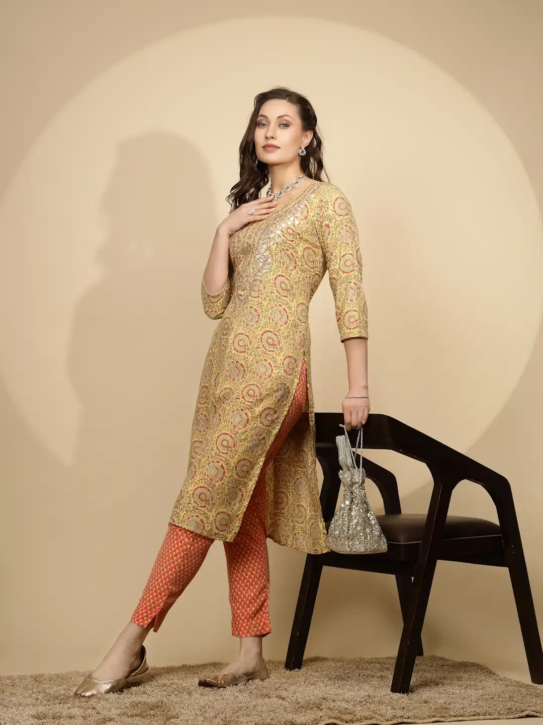 Yellow Cotton Blend Regular Fit Kurta Set For Women