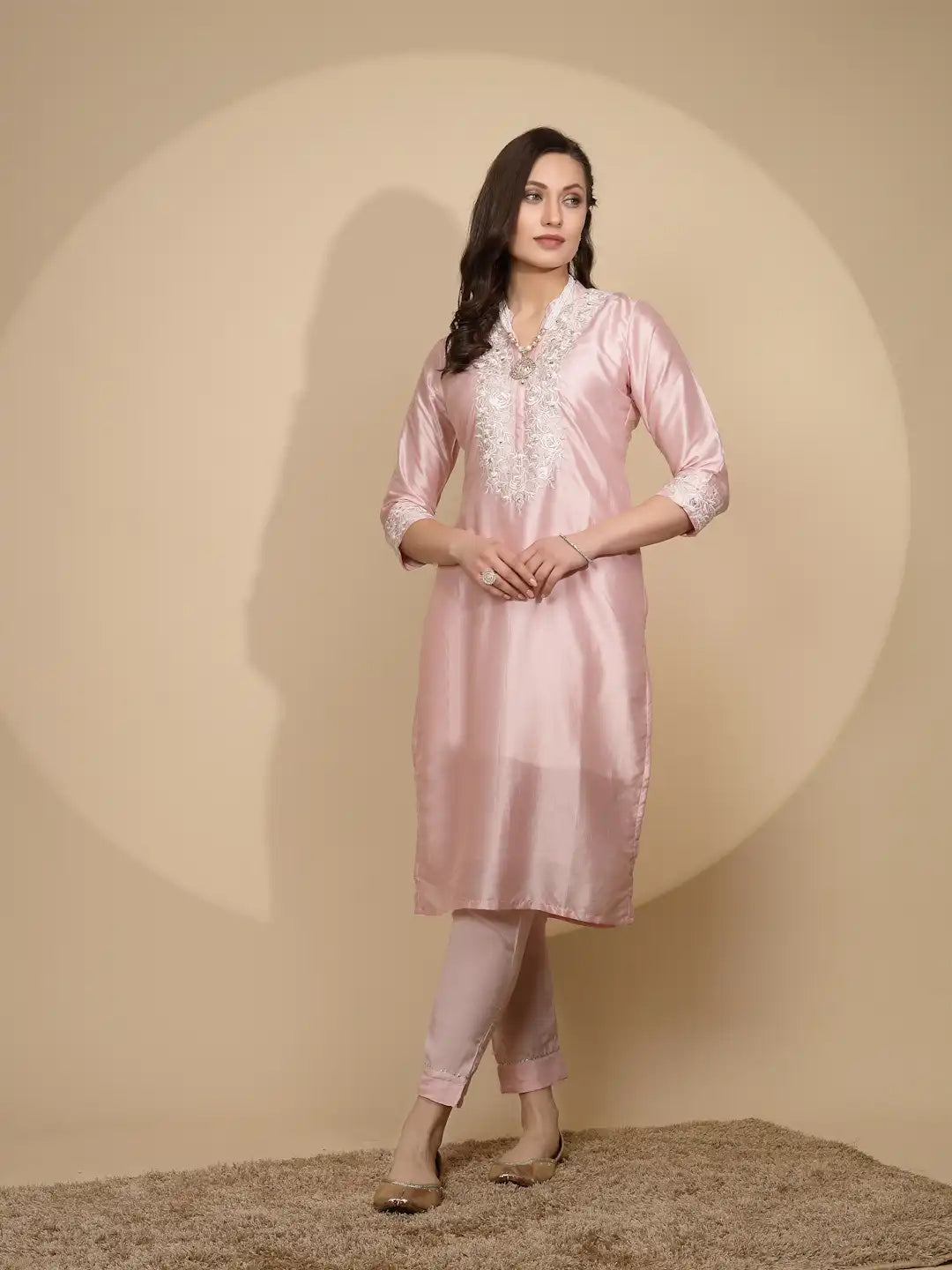 Pink Silk Regular Fit Kurta Set For Women - Global Republic