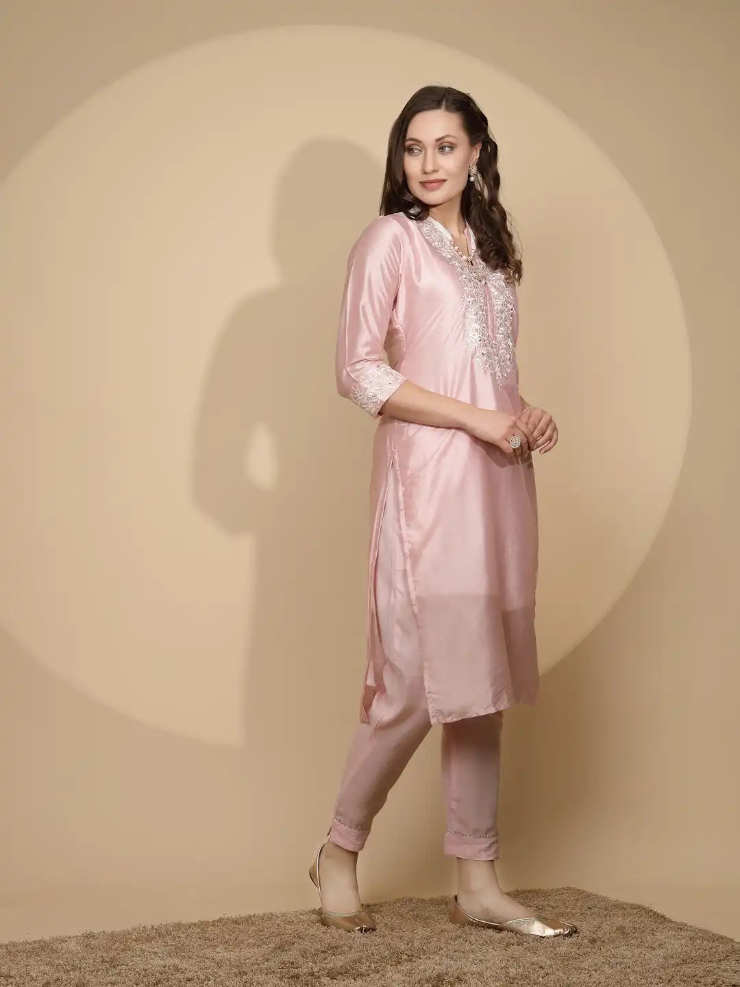 Pink Silk Regular Fit Kurta Set For Women - Global Republic