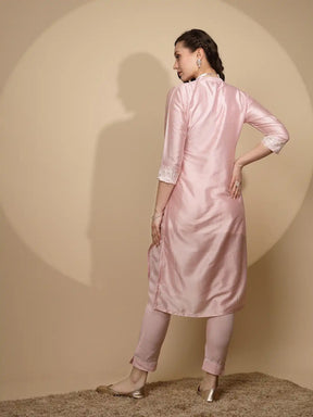 Pink Poly Silk Regular Fit Kurta Set For Women