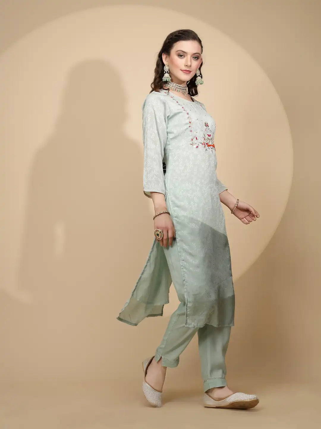 Sage Green Poly Silk Regular Fit Kurta Set For Women