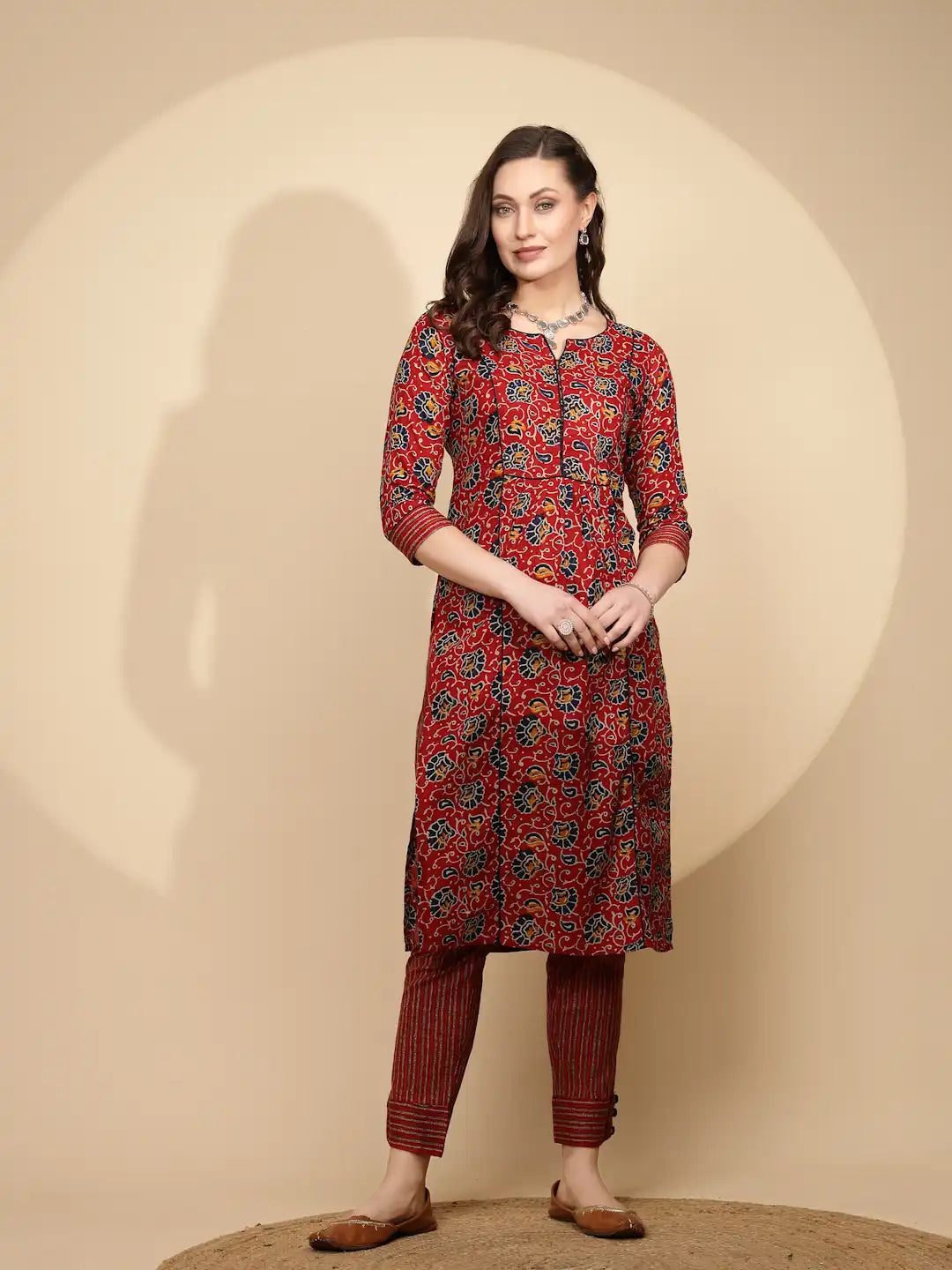 Red Cotton Regular Fit Kurta Set For Women - Global Republic