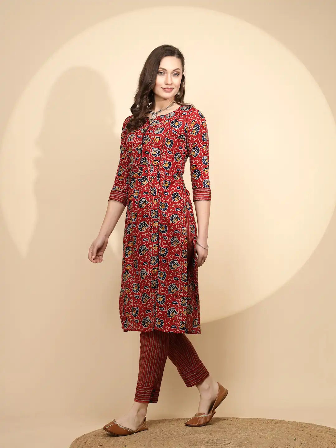 Red Cotton Regular Fit Kurta Set For Women - Global Republic