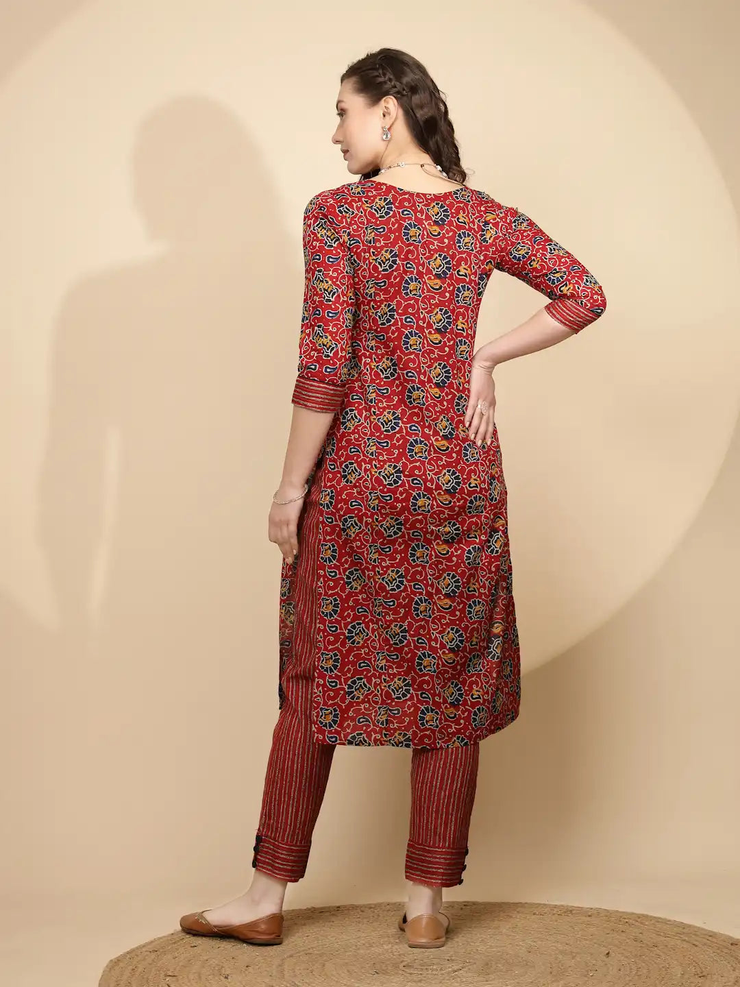 Red Cotton Regular Fit Kurta Set For Women - Global Republic