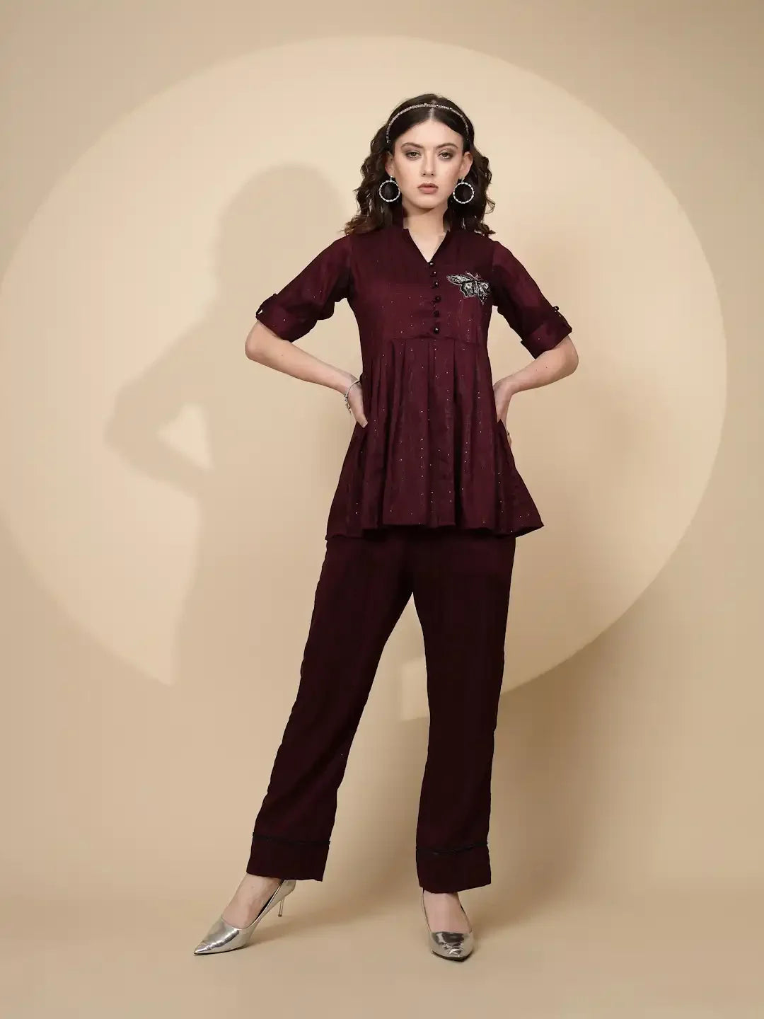 Wine Cotton Regular Fit Tunic Set For Women - Global Republic