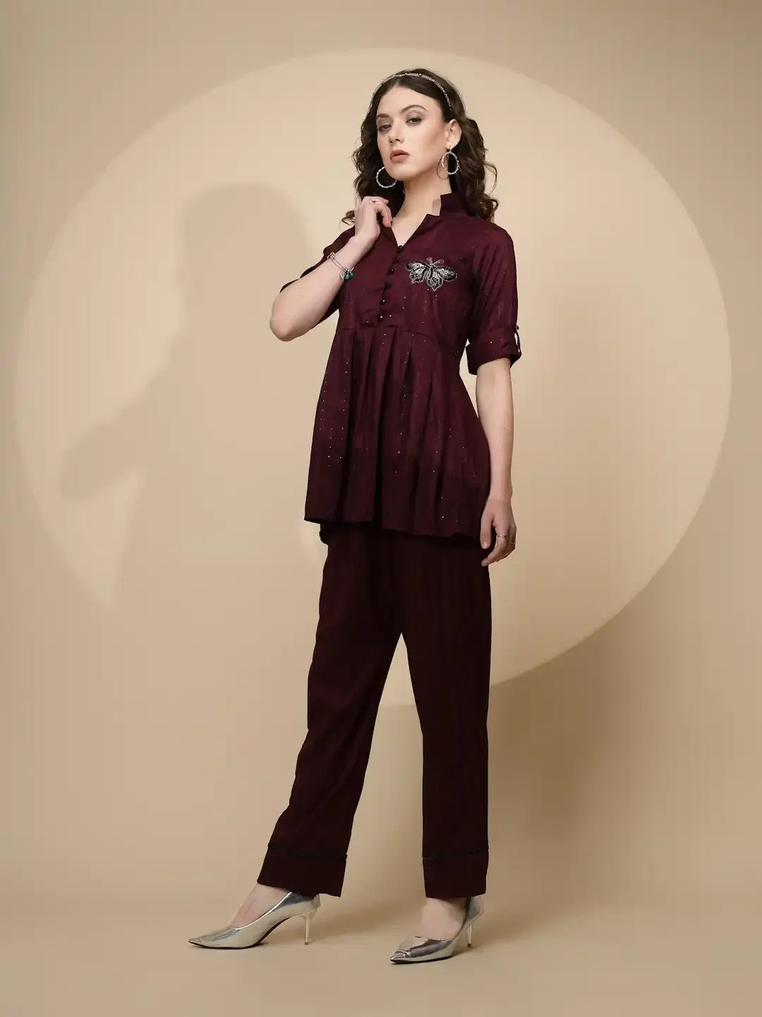 Wine Cotton Regular Fit Tunic Set For Women - Global Republic