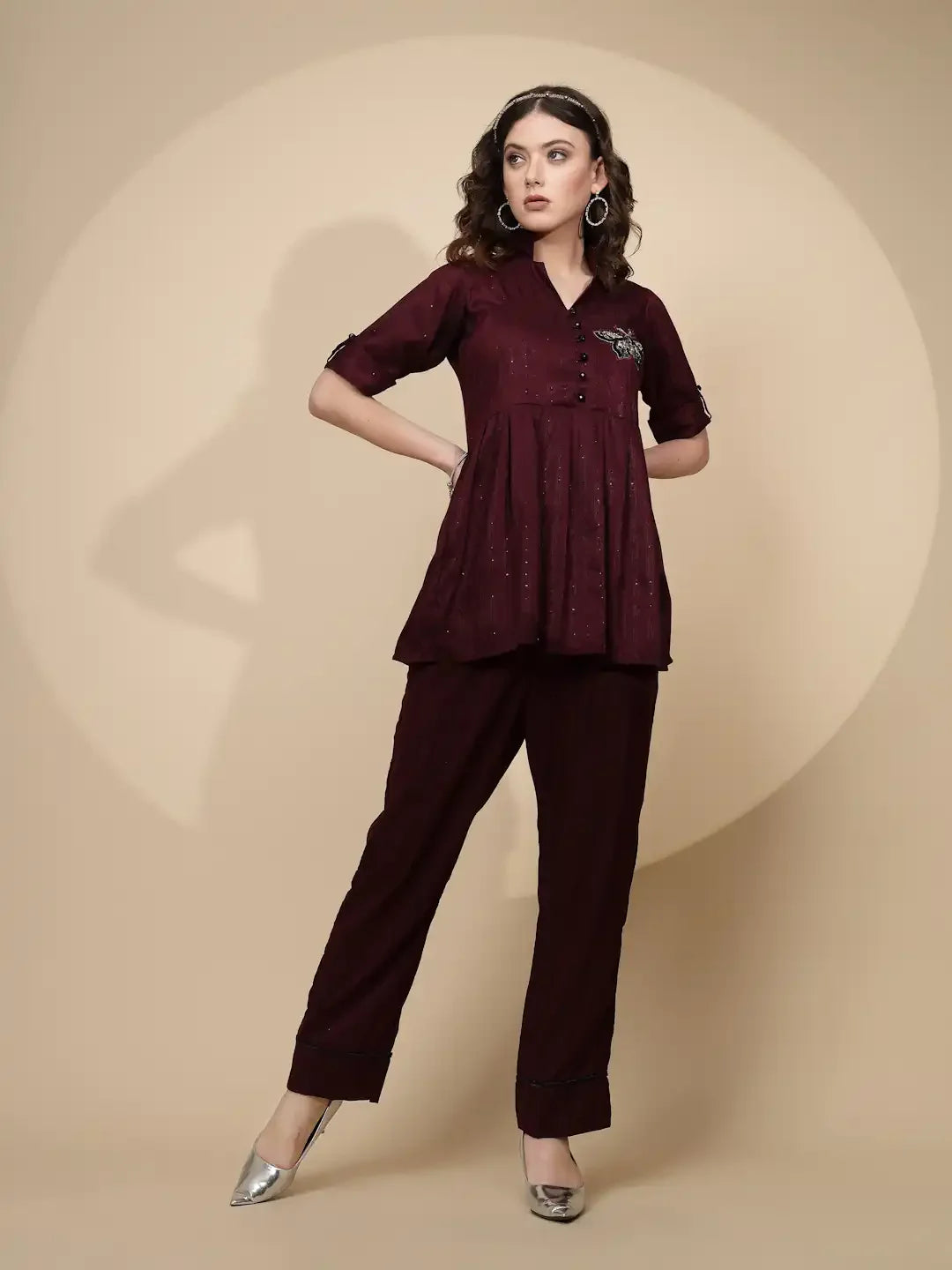 Wine Cotton Regular Fit Tunic Set For Women - Global Republic
