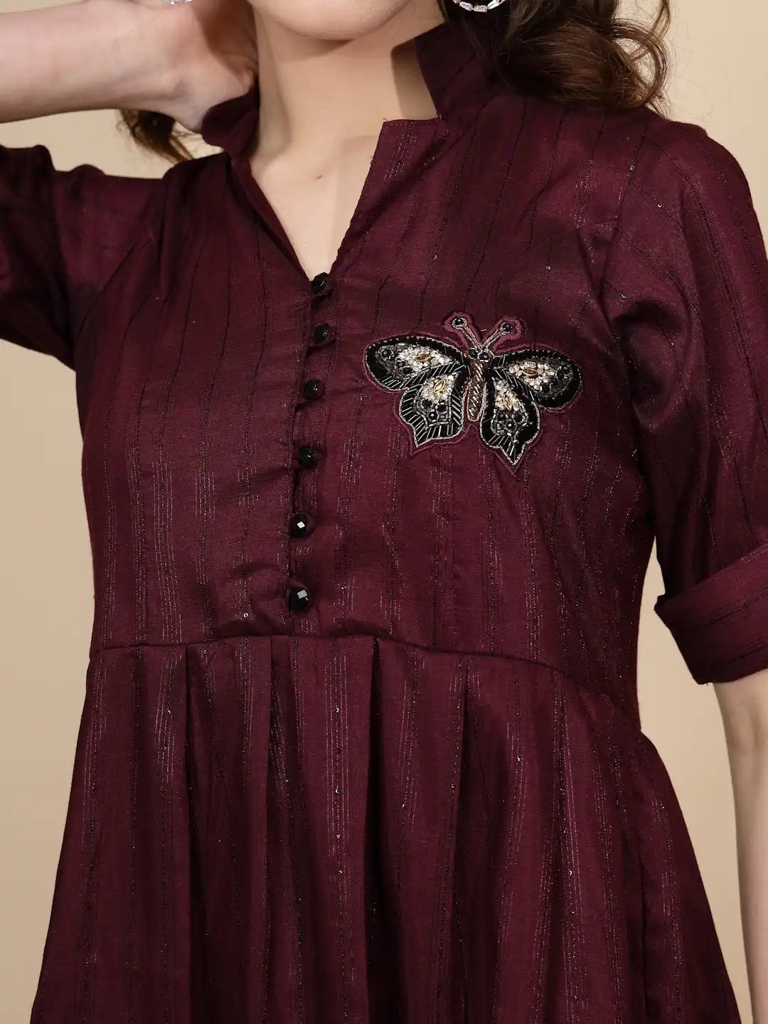 Wine Cotton Regular Fit Tunic Set For Women - Global Republic