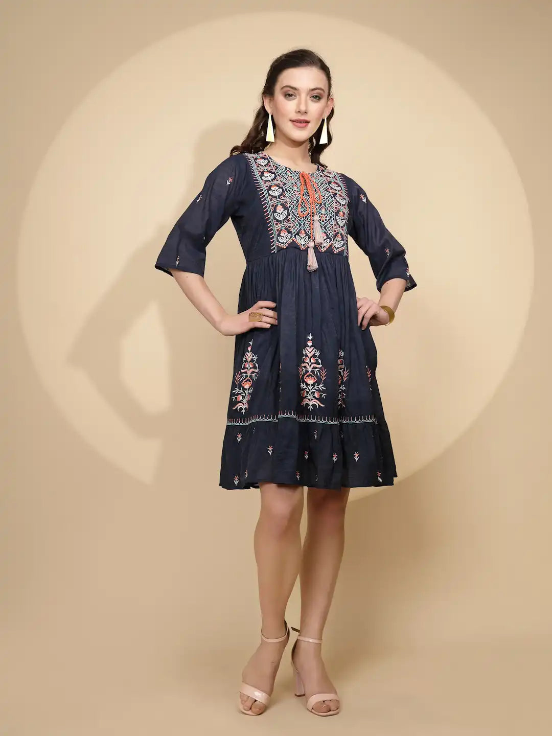 Navy Cotton Regular Fit Dress For Women - Global Republic