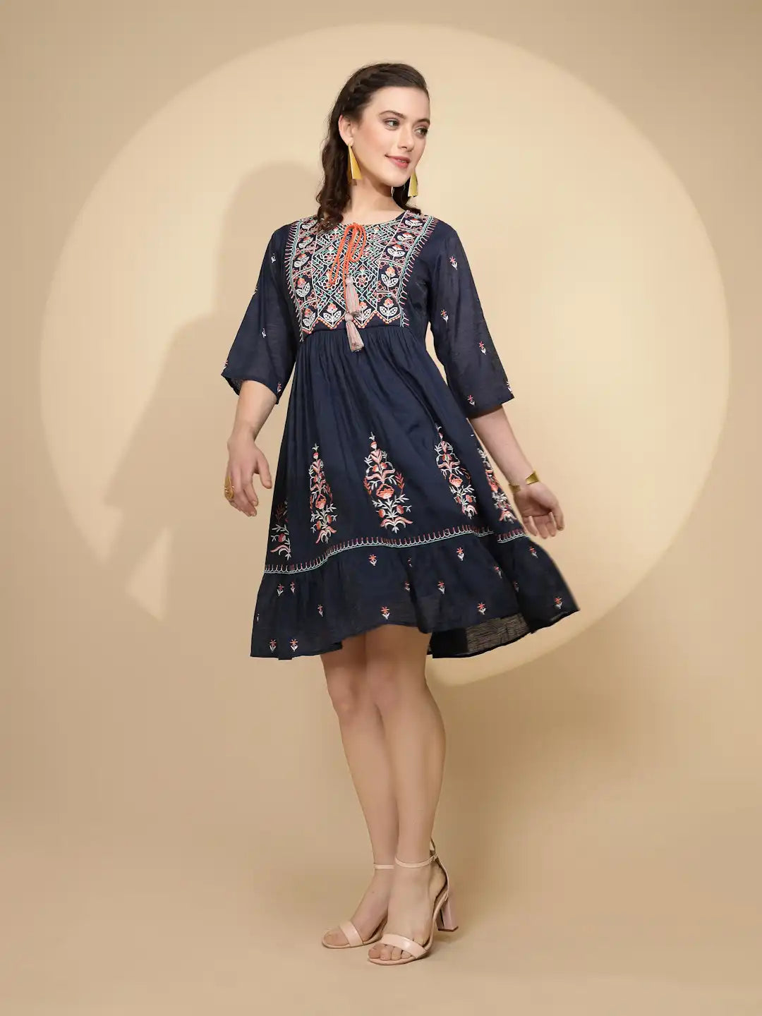 Navy Cotton Regular Fit Dress For Women - Global Republic