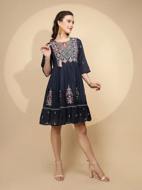 Navy Cotton Regular Fit Dress For Women