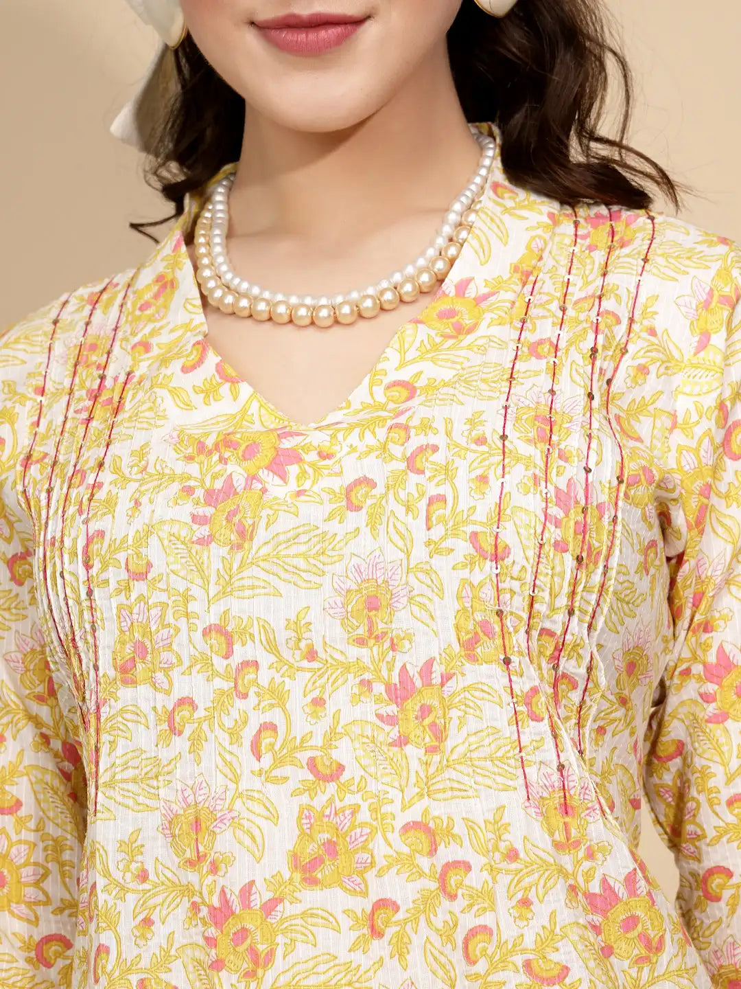 Yellow Floral Printed Cotton Kurta - Global Republic