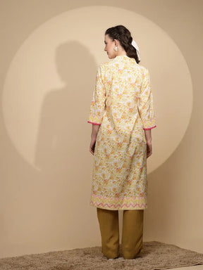 Yellow Floral Printed Cotton Kurta