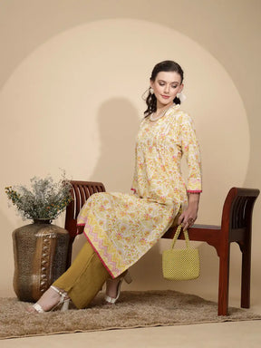 Yellow Cotton Regular Fit Kurta For Women