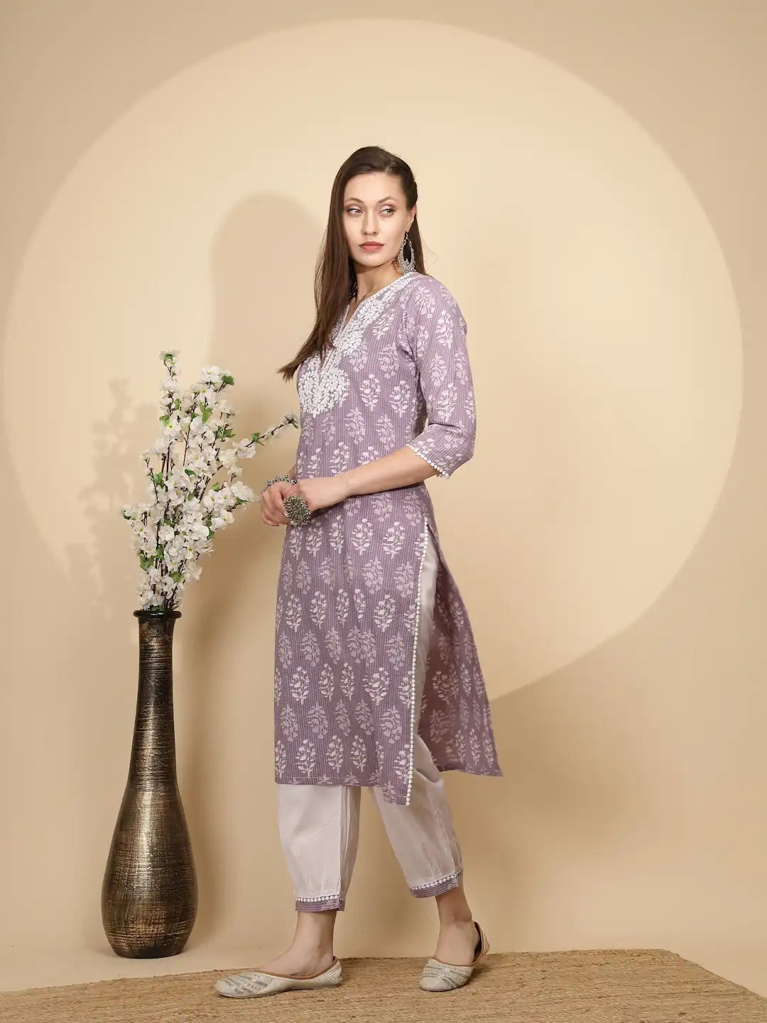 Lilac Cotton Regular Fit Kurta Set For Women - Global Republic