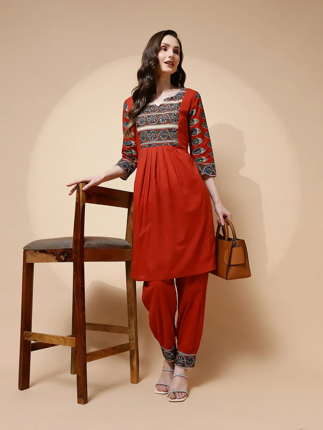 Rust Cotton Blend Loose Fit Tunic Set For Women - Global Republic