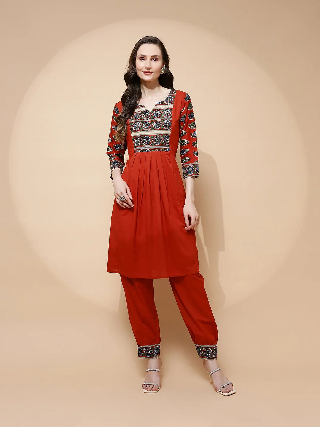 Rust Cotton Blend Loose Fit Tunic Set For Women - Global Republic