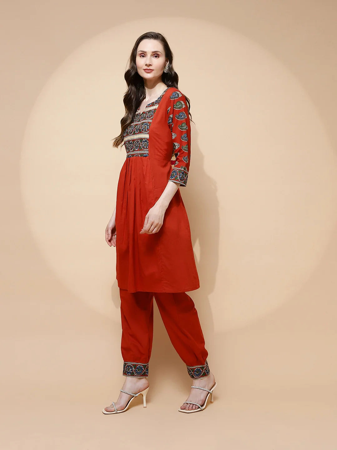 Rust Cotton Blend Loose Fit Tunic Set For Women - Global Republic