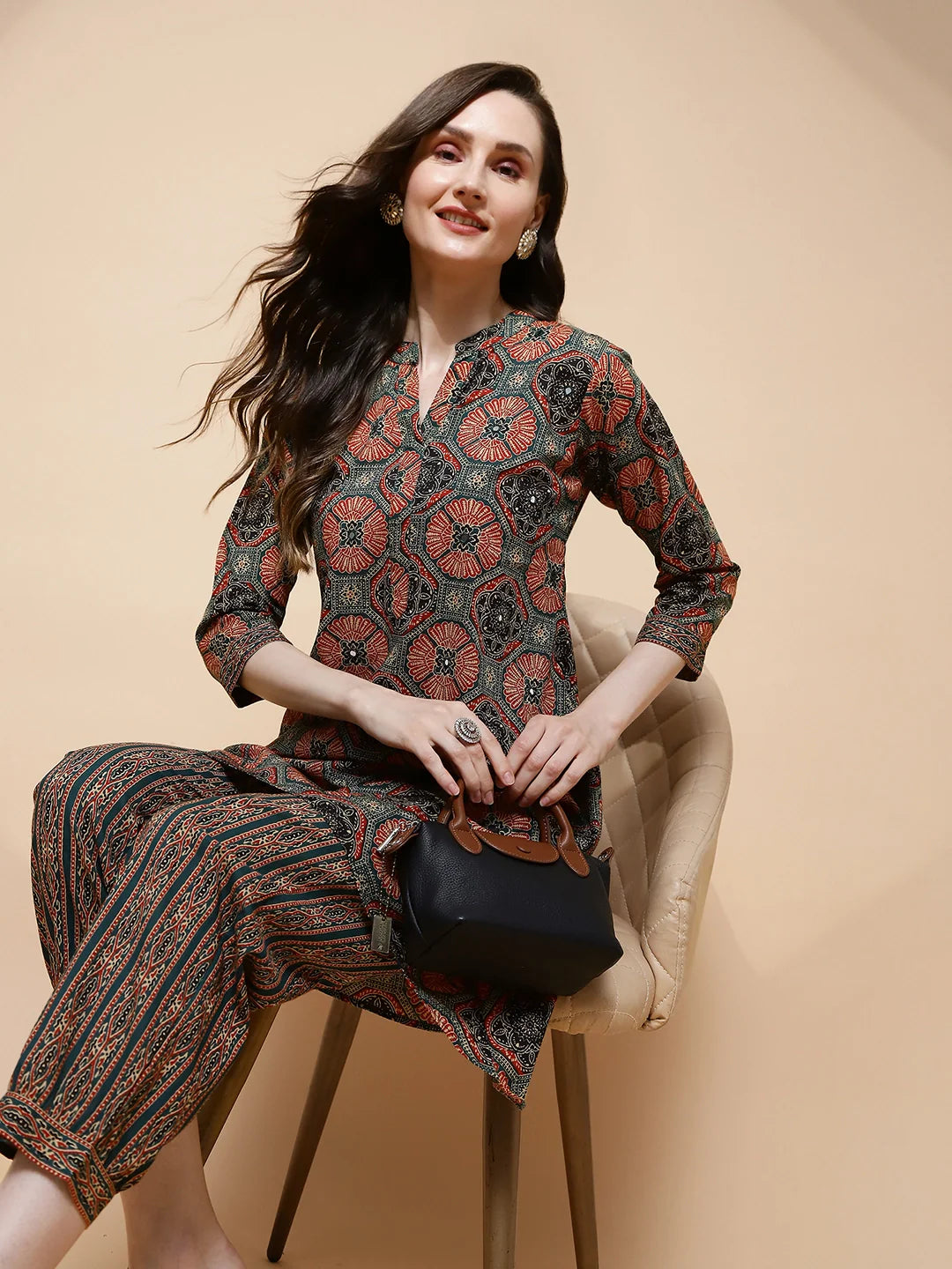 Rust Green Cotton Blend Loose Fit Kurta Set For Women - Global Republic