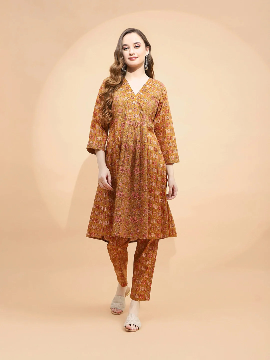 Light Brown Cotton Regular Fit Tunic Set For Women - Global Republic #