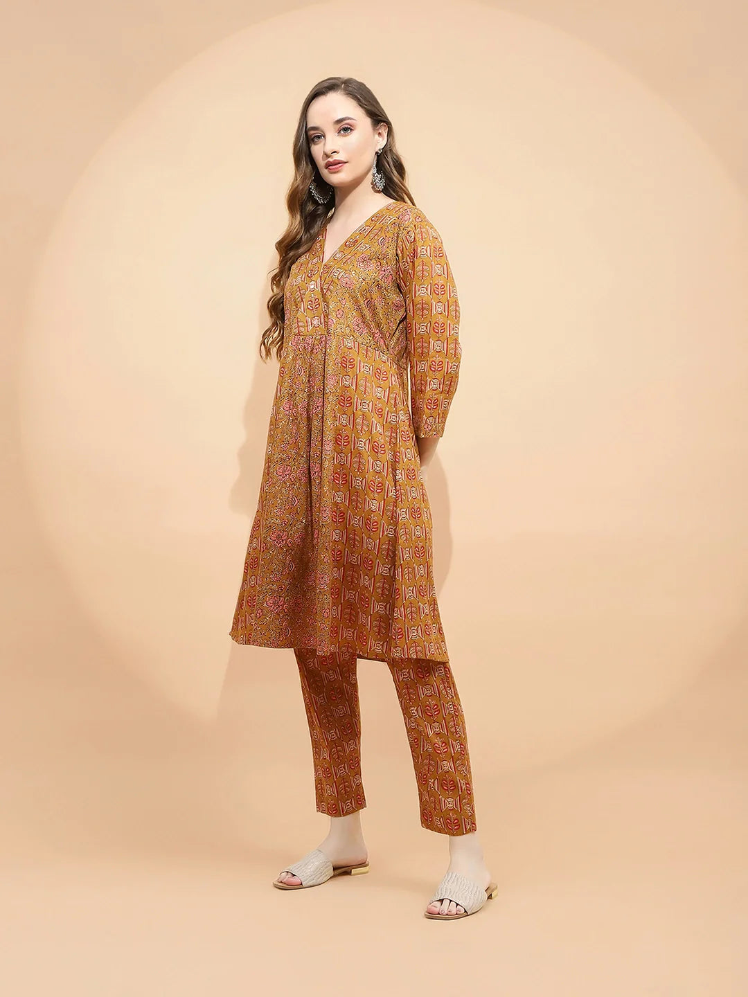 Light Brown Cotton Regular Fit Tunic Set For Women - Global Republic #